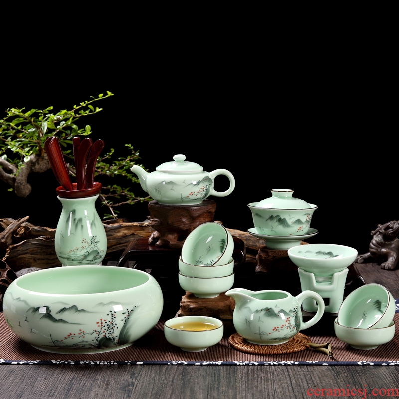 Qiu time celadon coloured drawing or pattern of household kung fu tea set ceramic tureen little teapot tea wash with a complete set of tea cups