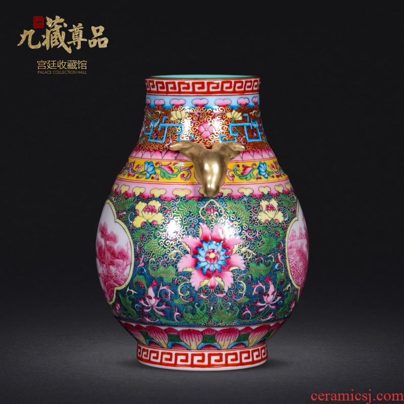 Jingdezhen ceramics antique hand-painted colour enamel window rouge landscape f barrels vase crafts