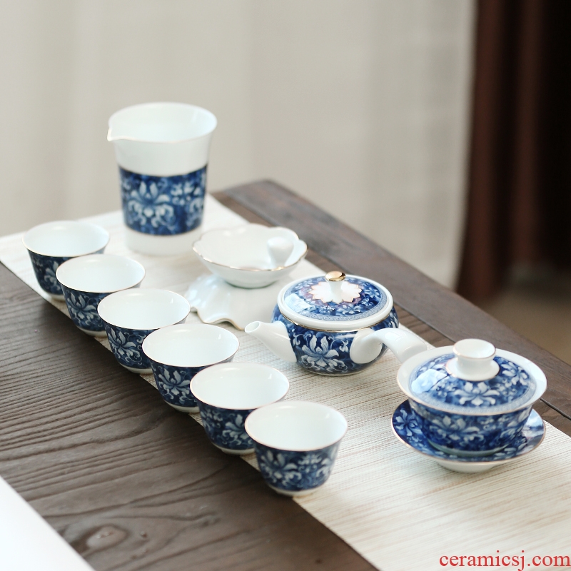 Like the icing on the cake kung fu tea set of blue and white porcelain of jingdezhen creative household ceramics tureen of a complete set of tea cups