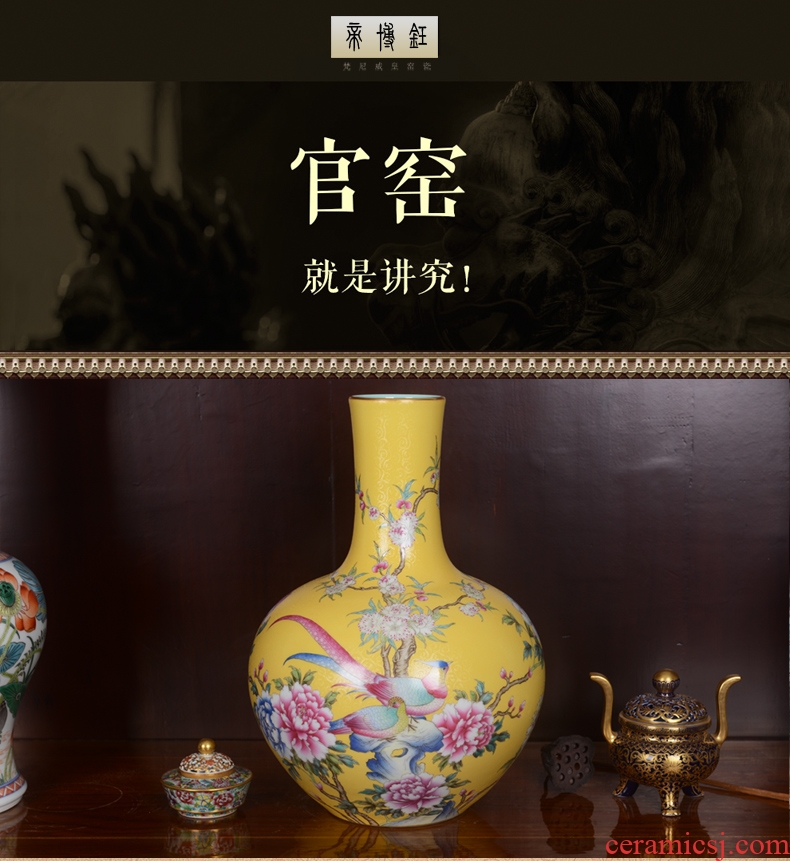 Jingdezhen ceramics high-end antique yellow roses sitting room place powder enamel vase home decoration process