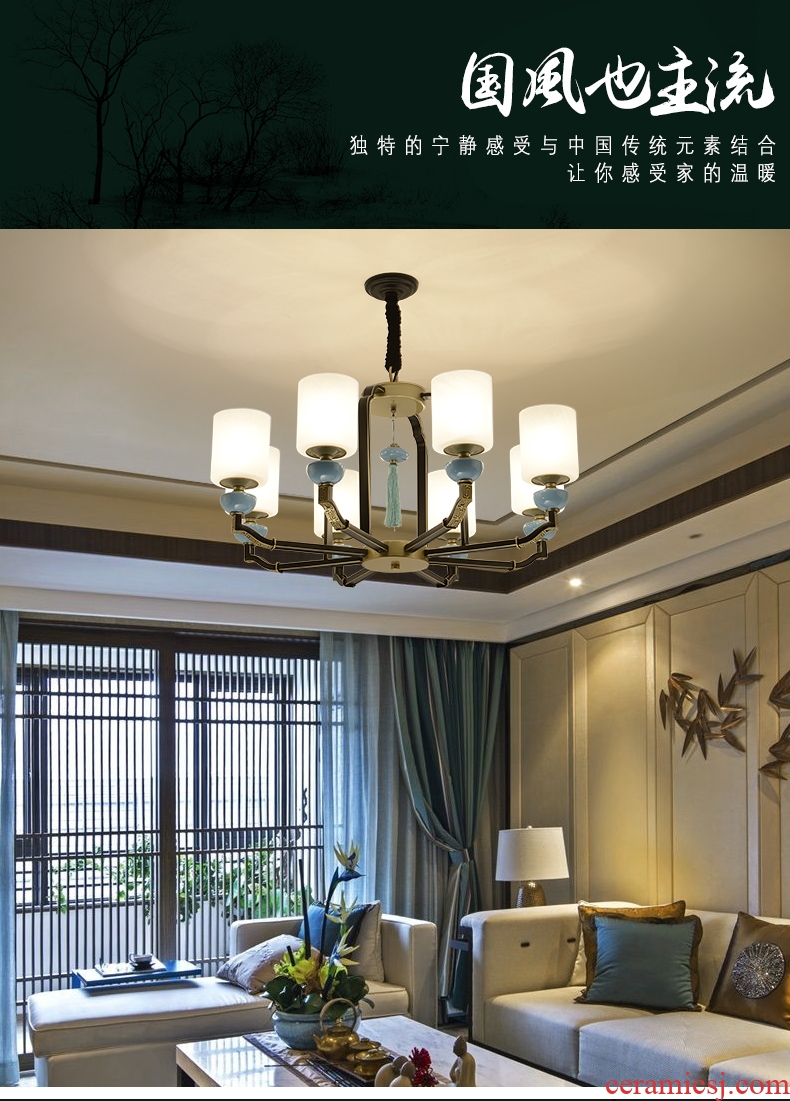 Jiao seven new Chinese style droplight sitting room light lamps and lanterns of study of Chinese style dining - room lamp, wrought iron ceramic glass hotel lighting