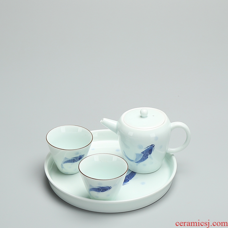 Quiet life hand-painted stale fish pot bearing shadow celadon kung fu tea set ceramic pot dry blister tray of the teapot