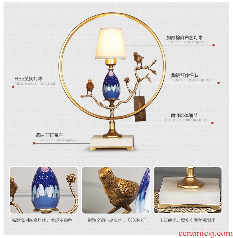Emperor sitting room, study all ceramic desk lamp of new Chinese style villa's brass lamp of bedroom the head of a bed of high - end jade chandeliers