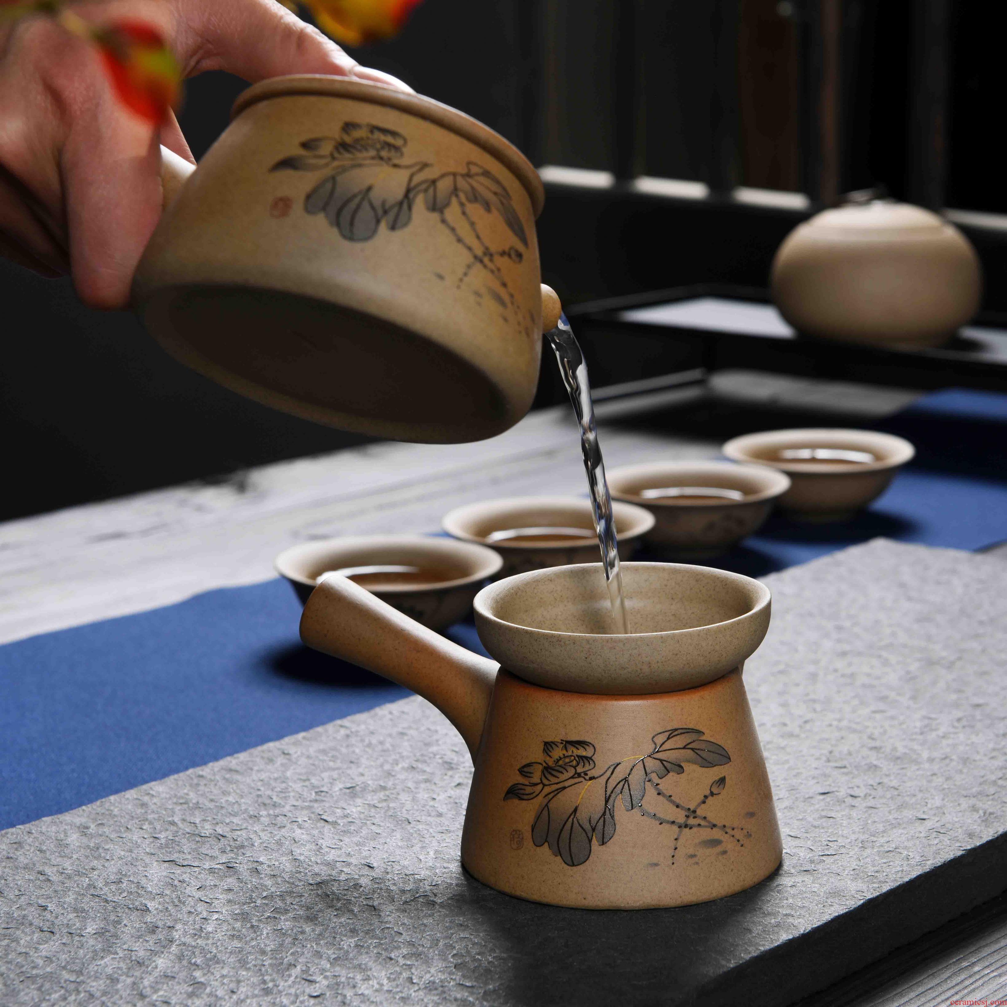 Talk of a complete set of coarse pottery kung fu tea set ceramic cups xi shi pot side put the teapot lid to use tea set