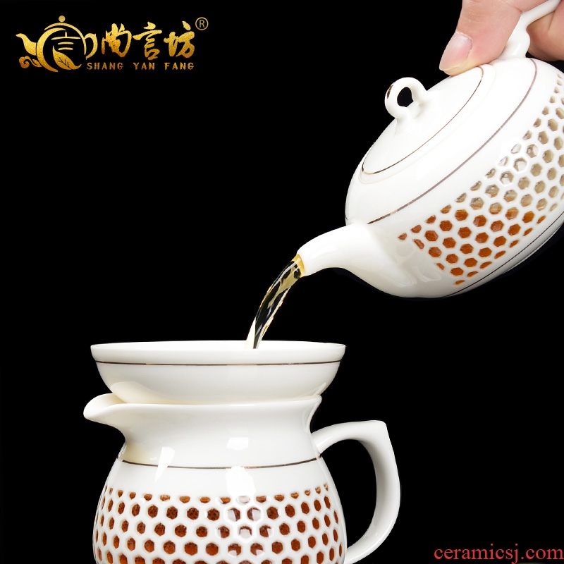 It still fang and exquisite watertight hollow out a whole set of crystal ceramics kung fu tea set and exquisite porcelain honeycomb teapot
