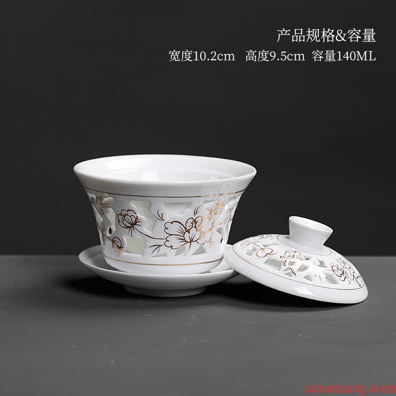 Royal elegant double tureen ceramic cups large hollow out kung fu tea set white porcelain three bowl of tea bowl