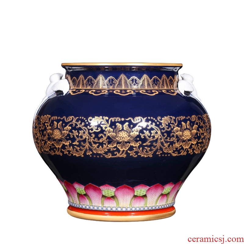Jingdezhen ceramics antique hand-painted ji to pastel blue paint wrap peony lines double yan ear vase furnishing articles