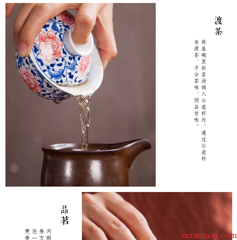 Jingdezhen ceramic hand-painted porcelain youligong red peony tureen manual worship tureen tea bowl three cups to bowl