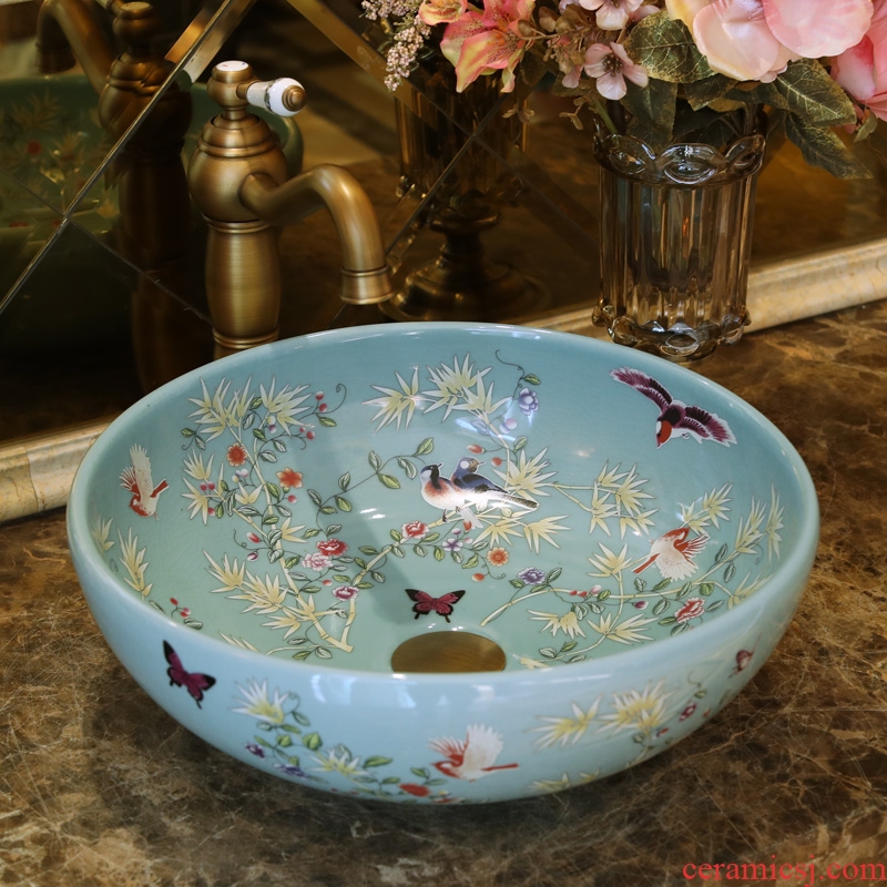 Jingdezhen ceramic basin sinks art on the new stage basin crack sky blue flowers and birds