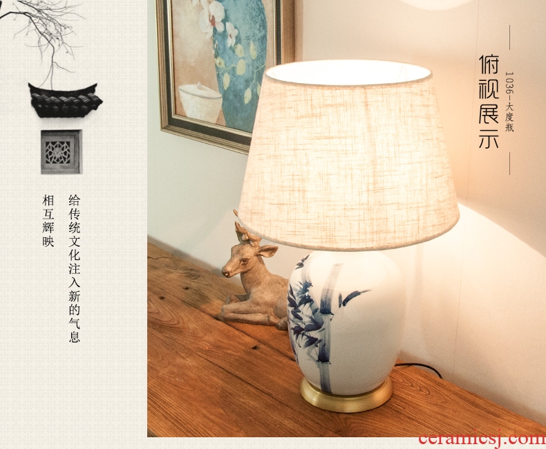 Modern new Chinese style full copper ceramic desk lamp hand - made bamboo hotel decorated living room bedroom berth lamp 1036 study