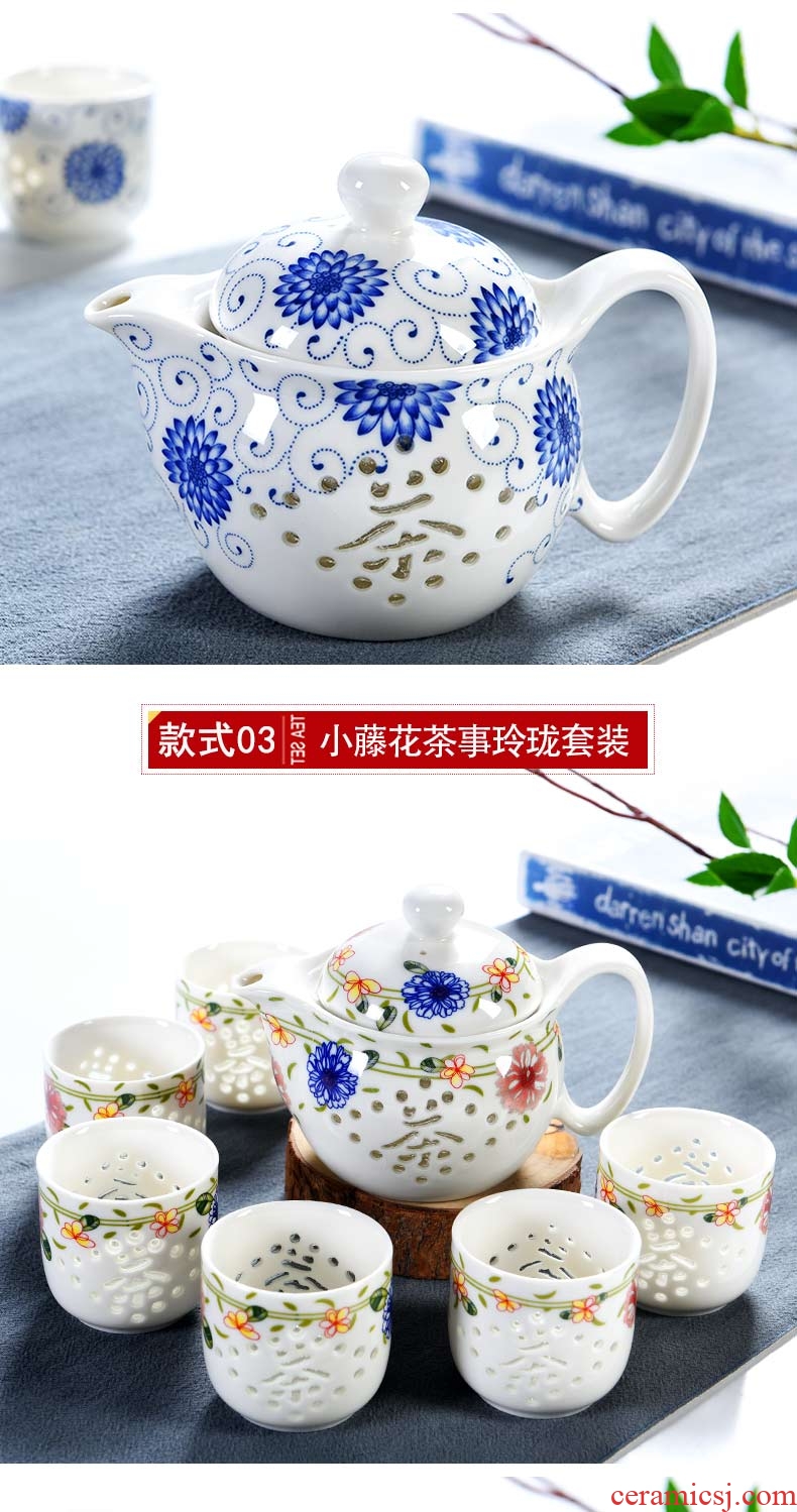 Blue and white and exquisite hollow out big beauty cabinet ceramic teapot teacup tea set suit household kung fu tea, Japanese tea taking