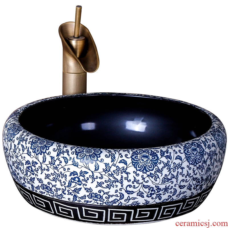 The stage basin of jingdezhen blue and white round ceramic lavabo art basin of Chinese style household hotel toilet lavatory