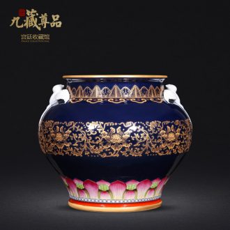 Jingdezhen ceramics antique hand-painted ji to pastel blue paint wrap peony lines double yan ear vase furnishing articles