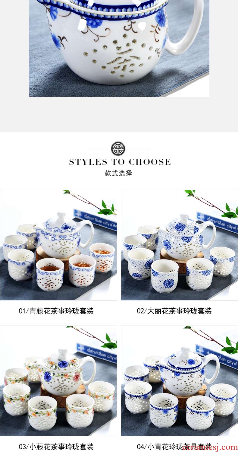 Blue and white and exquisite hollow out big beauty cabinet ceramic teapot teacup tea set suit household kung fu tea, Japanese tea ceremony