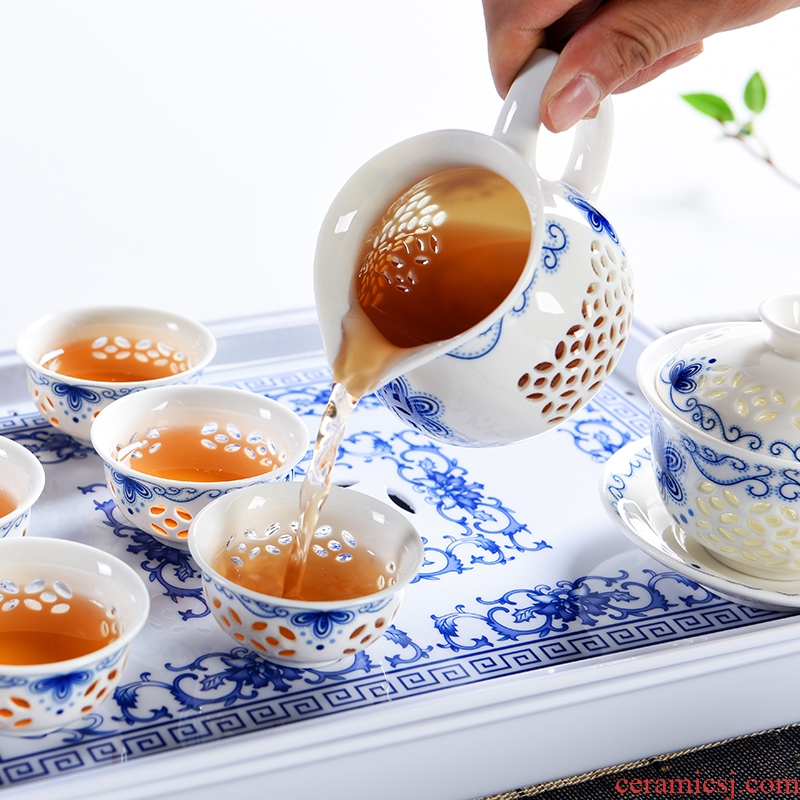 Blue and white and exquisite porcelain ceramic god kung fu tea sets tea tray was contracted melamine small tea table of a complete set of tea cups