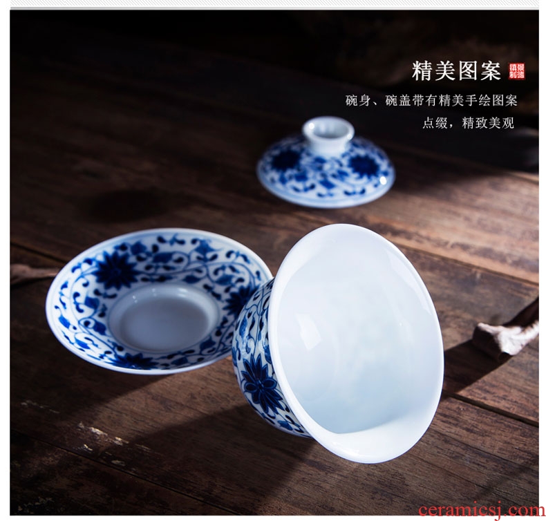 Jingdezhen ceramic cup three begin to grasp tureen large hand - made kung fu tea set of blue and white porcelain upset Chinese tea