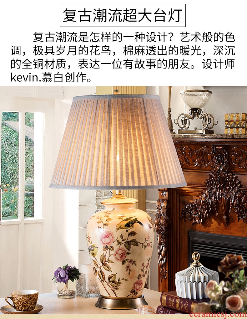 European ceramic desk lamp retro desk lamp of bedroom the head of a bed american-style villa living room study all copper ceramic desk lamp of flowers and birds