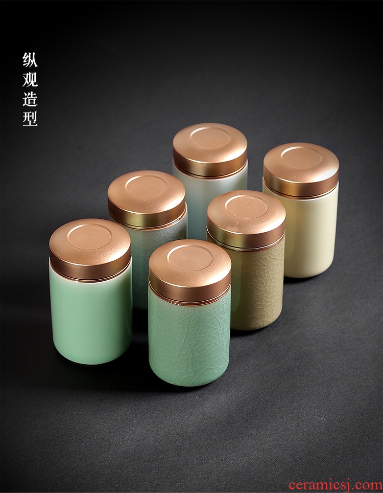 Portable metal caddy tea boxes mini ceramic household seal small pu-erh tea store receives longquan celadon ceramics