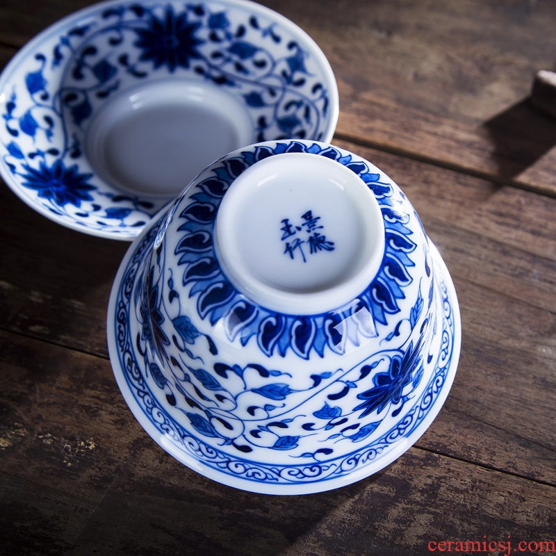 Jingdezhen ceramic cup three begin to grasp tureen large hand - made kung fu tea set of blue and white porcelain upset Chinese tea