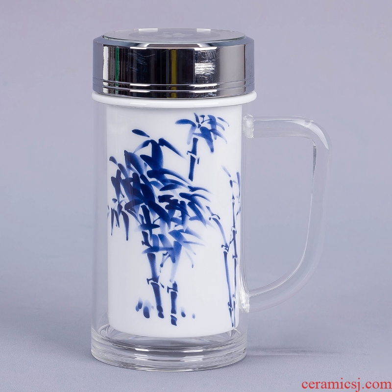 Jingdezhen ceramic vacuum cup custom logo gift cup double office of blue and white porcelain insulation cup 508 ml