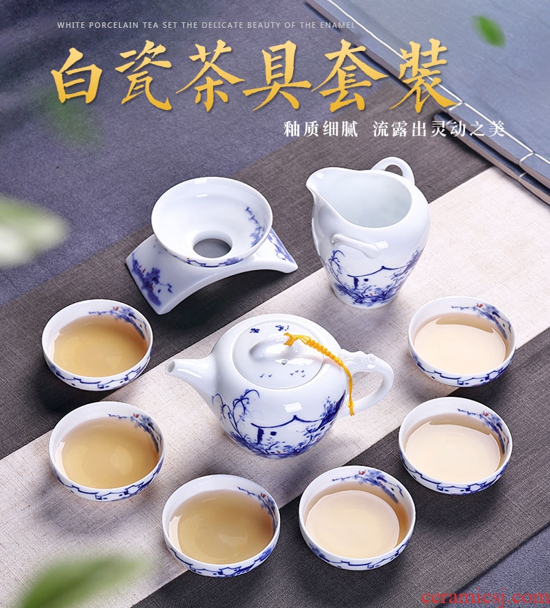 Ronkin kung fu tea set of blue and white porcelain of a complete set of household tureen hand - made ceramic teapot tea cups