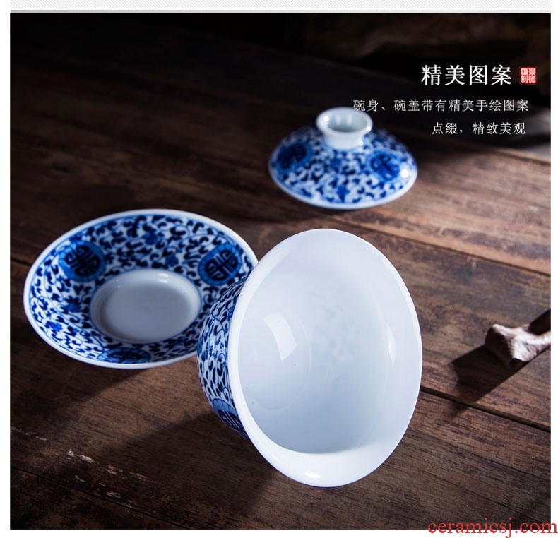 Hand draw large antique tureen ceramic tea cups machine manual kung fu tea set of blue and white porcelain tea three cups