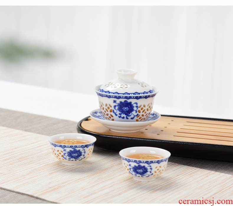 Blue and white and exquisite JiaXin kung fu tea set tea teapot teacup contracted household exchanger with the ceramics honeycomb hollow out