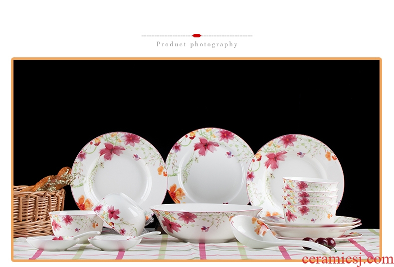 Red leaves 26 head glair ipads porcelain tableware package mail jingdezhen ceramics cutlery set bowl dish spring scenery