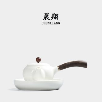 Chen xiang yu, white glazed ceramic teapot with wooden handle, side put the pot of white porcelain single pot of traditional kung fu tea tea gift box