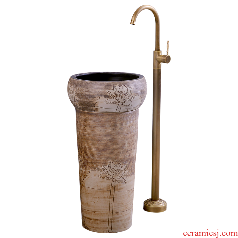 Ceramic column basin pillar lavabo floor art integrated basin toilet lavatory lotus carving