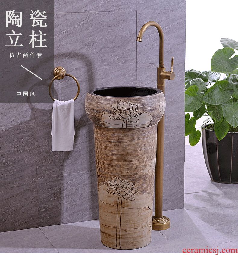 Ceramic column basin pillar lavabo floor art integrated basin toilet lavatory lotus carving