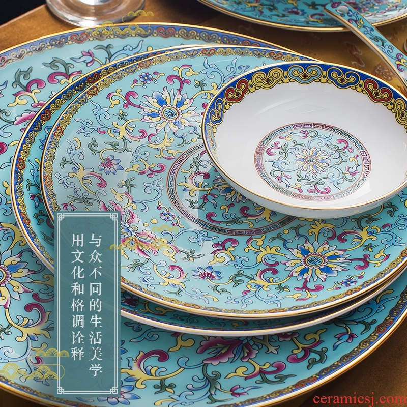 Jingdezhen colored enamel tableware suit western - style key-2 luxury palace ipads bowls disc FanPan high - end wedding gifts home