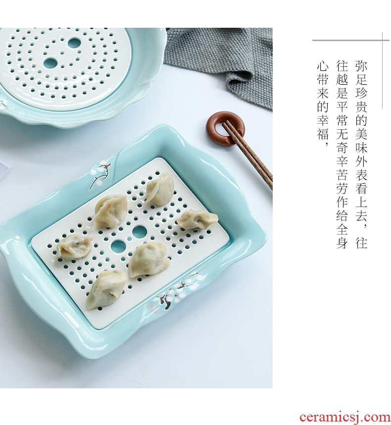 Jingdezhen ceramic plate household rectangular double - deck waterlogging under caused by excessive rainfall steamed dumpling dish of steamed fish dish Nordic dumpling dinner plate