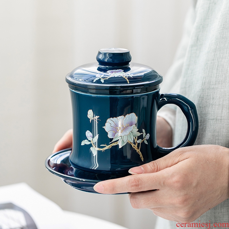 Ceramic tea cup with lid filtering boss office separation cup tea cups of tea cups jingdezhen flower tea cups