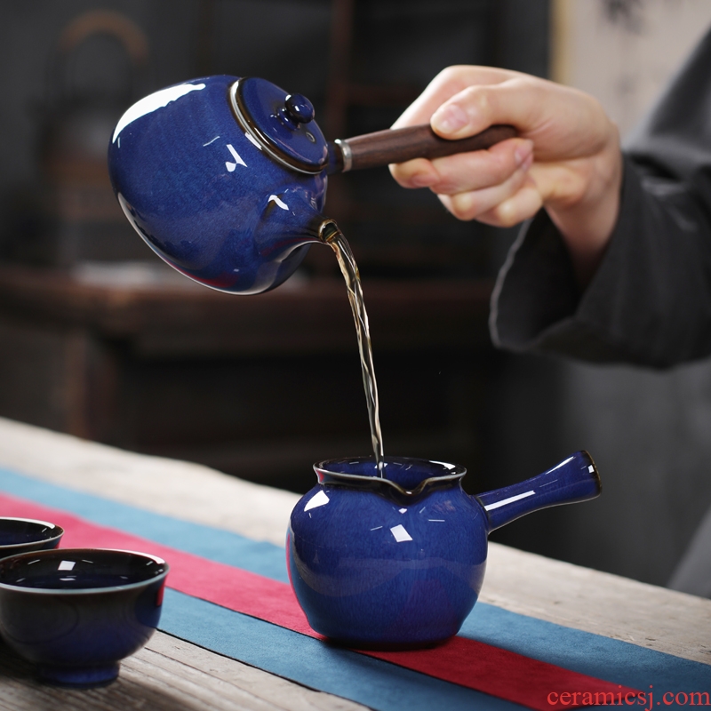 Is good source variable TuHao blue wooden side kung fu tea set the pot of ceramic pot single pot teapot household small pot