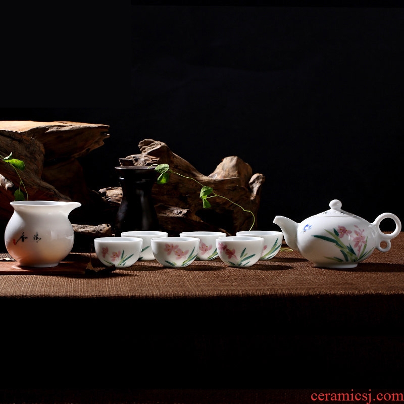 Red ceramic kung fu tea sets daily gift porcelain cup teapot 8 head color orchids