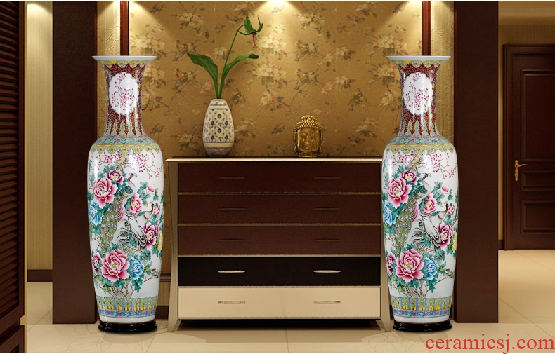 Ceramic floor big vase hand - made pastel peony sitting room adornment porcelain bottle study porch large furnishing articles