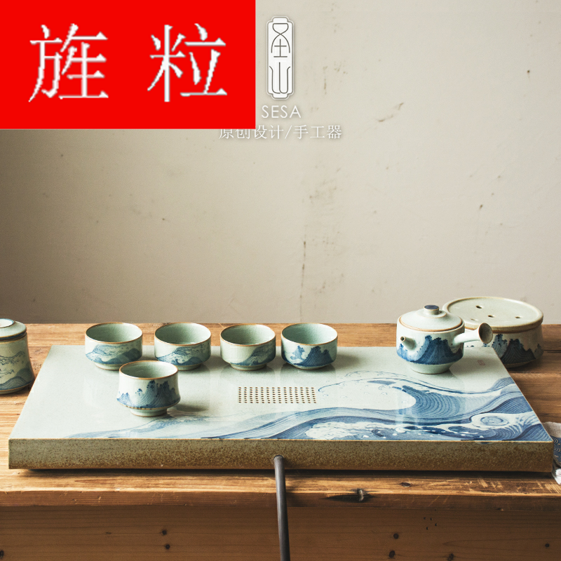 Continuous grain of the original large ceramic tea sets tea tray manual hand - made antique blue - and - white kung fu tea set drainage wet mercifully