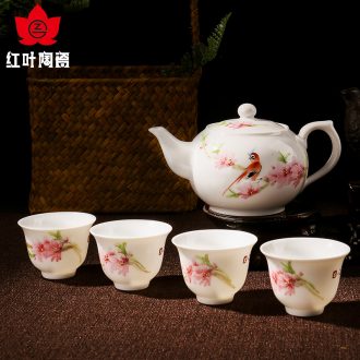 Red porcelain jingdezhen hand - made kung fu tea set home 5 head teapot teacup water point of a complete set of peach blossom put