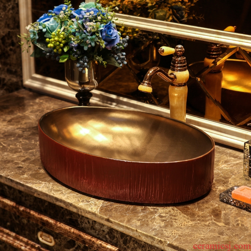 JingYanHong gold wood art stage basin oval ceramic lavatory on restoring ancient ways the sink archaize basin