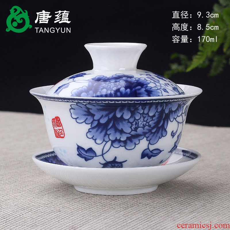 Tang three to the accumulate ceramic tureen large blue and white porcelain teacup kung fu tea set glass tea bowl of white porcelain household