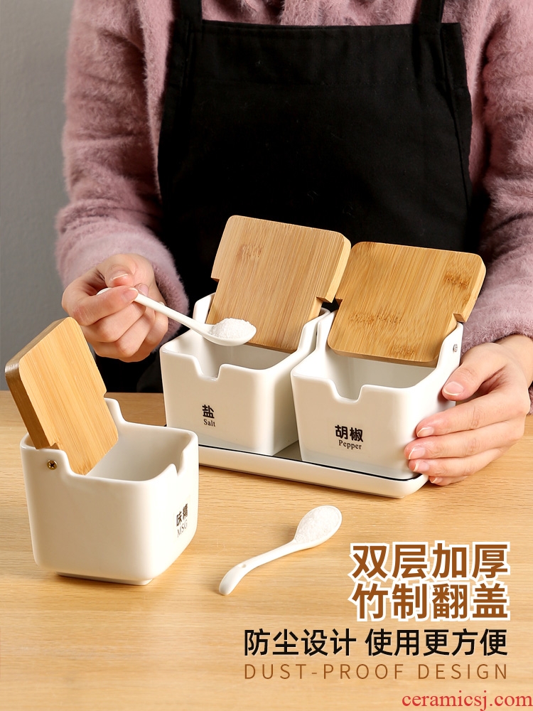 Creative ceramic flavor pot three - piece household kitchen seasoning the receive box salt monosodium glutamate seasoning box set