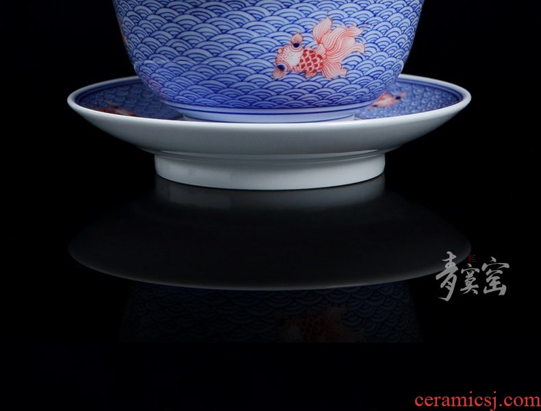 Continuous grain of jingdezhen blue and white hand - made ceramic heavy large three to prevent hot tureen household kung fu tea cups