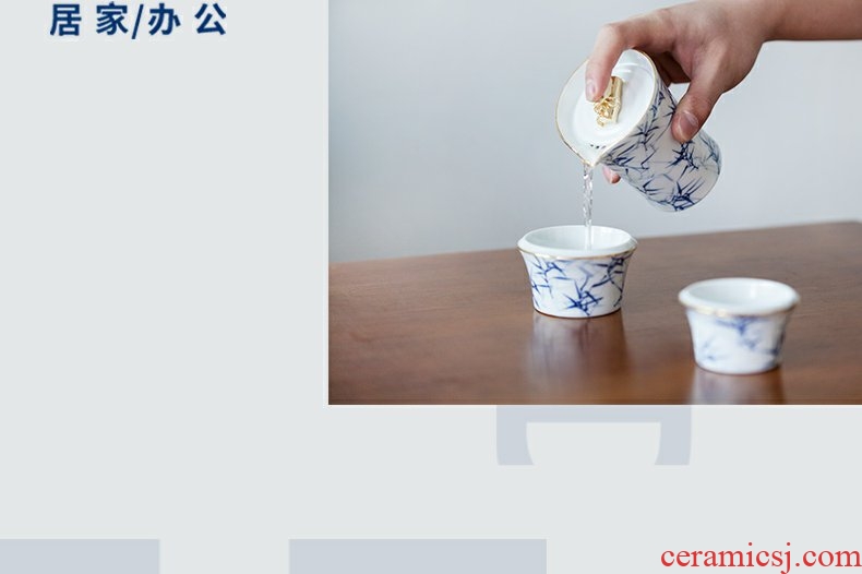 Continuous grain of jingdezhen blue and white bamboo hand - made crack cup tea cups, work travel kung fu tea set