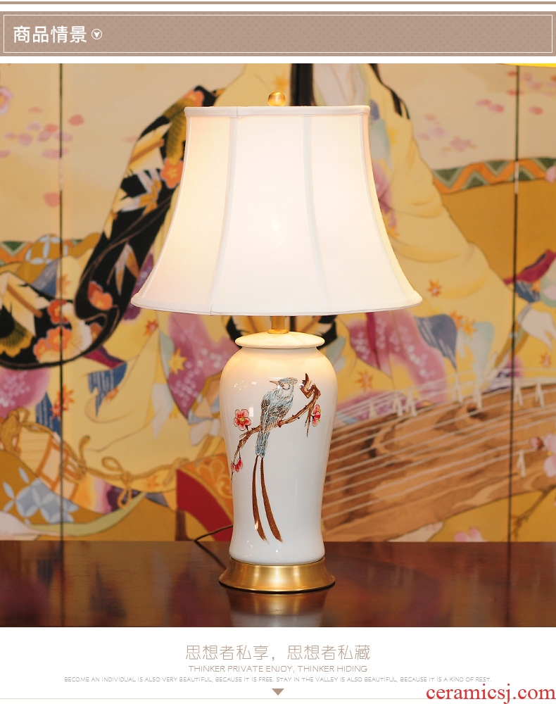 All copper ceramic table lamp LED lamp of bedroom the head of a bed of creative move sitting room hand - made flowers and birds study lamp