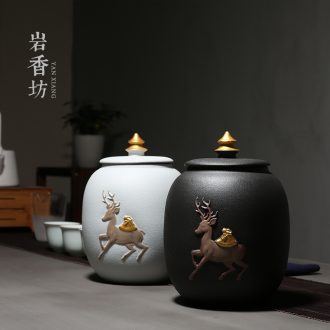YanXiang lane, black and white coarse pottery caddy fixings large relief storage tank retro pu 'er tea ceramic gift boxes