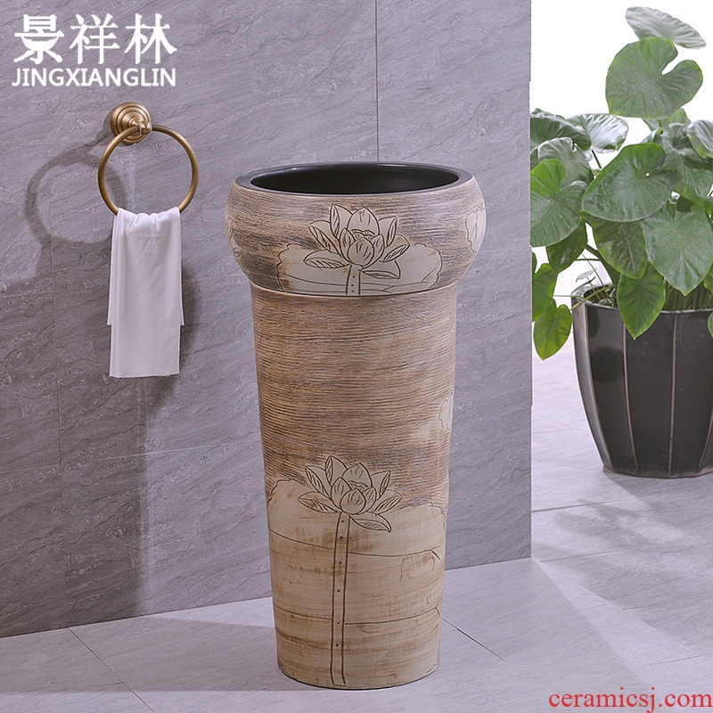 Ceramic column basin pillar lavabo floor art integrated basin toilet lavatory lotus carving