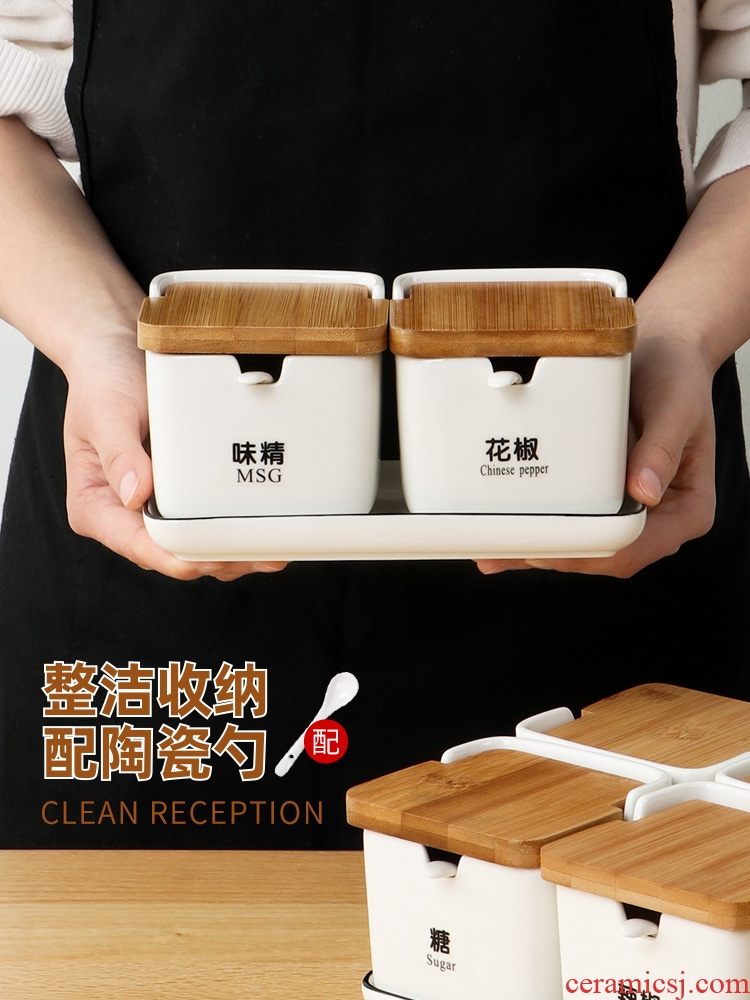 Creative ceramic flavor pot three - piece household kitchen seasoning the receive box salt monosodium glutamate seasoning box set