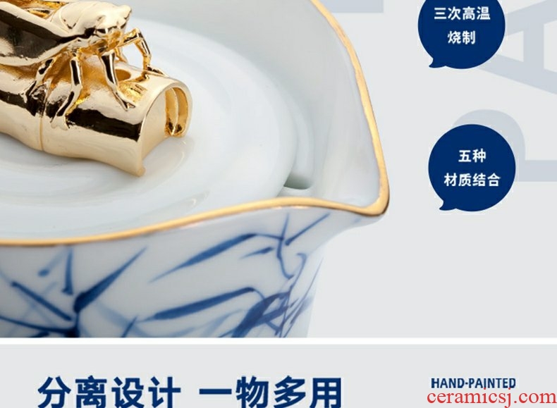 Continuous grain of jingdezhen blue and white bamboo hand - made crack cup tea cups, work travel kung fu tea set