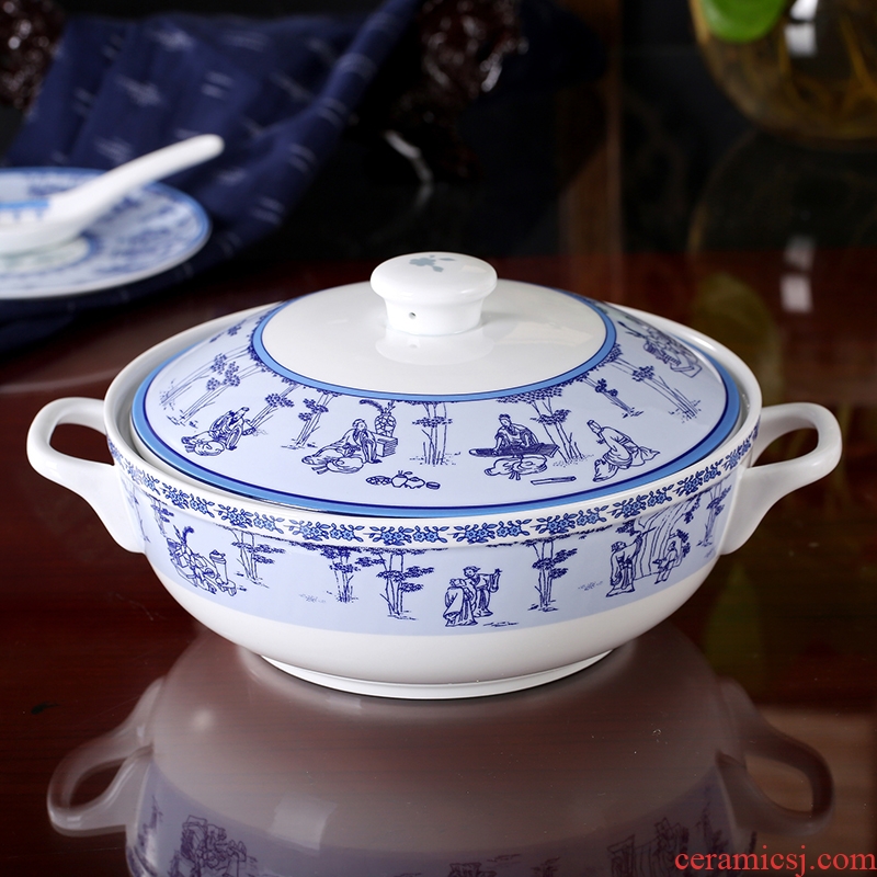 Red porcelain ceramic tableware suit of jingdezhen porcelain bowl dishes Chinese blue and white porcelain tableware bamboo seven sages